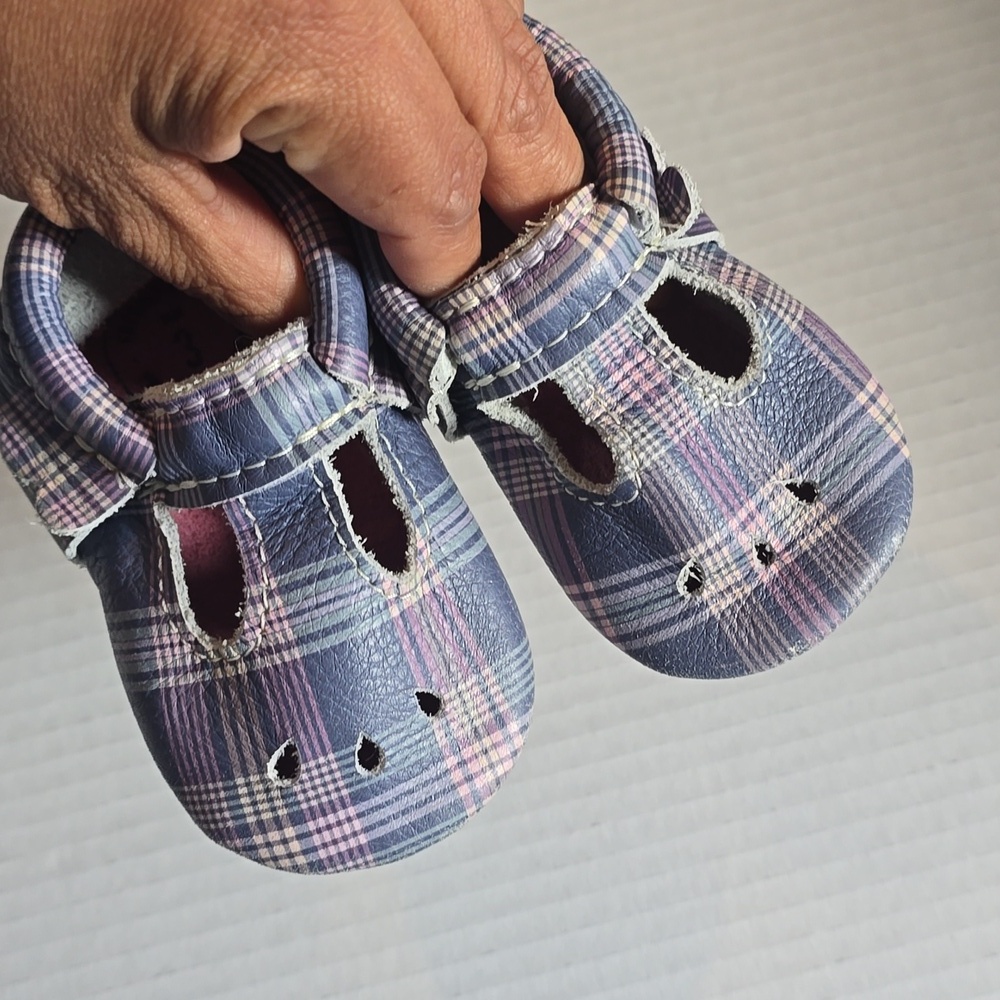 Freshly Picked Plaid Baby Moccasins - Blue and Pink Size 3